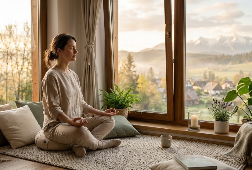Žena v pokojnej meditačnej polohe pri okne s ranným svetlom